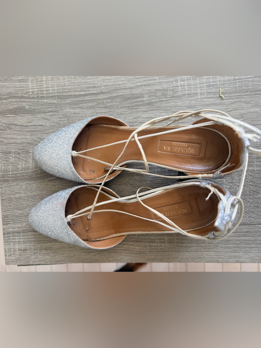 Aquazzura Silver Glitter Lace-Up Pointed Flats 39